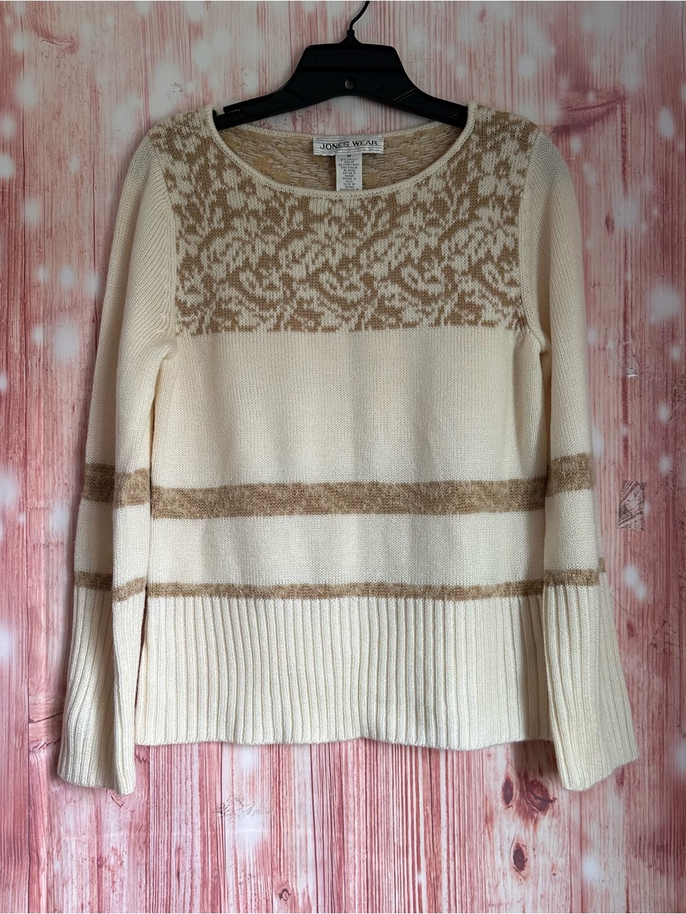 Vintage Jones Wear Cream Crewneck Tan Floral Print Striped Sweater Size M